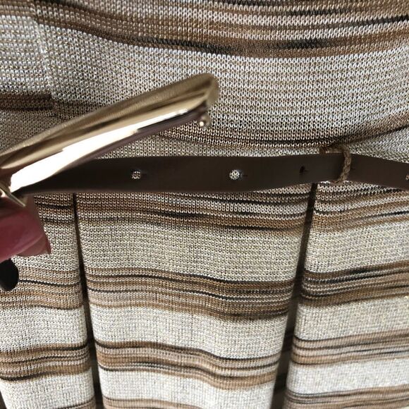 Muse Sleeveless Beige/Brown Striped Metallic Belted Fit And Flare Dress Size 8 - Picture 10 of 13